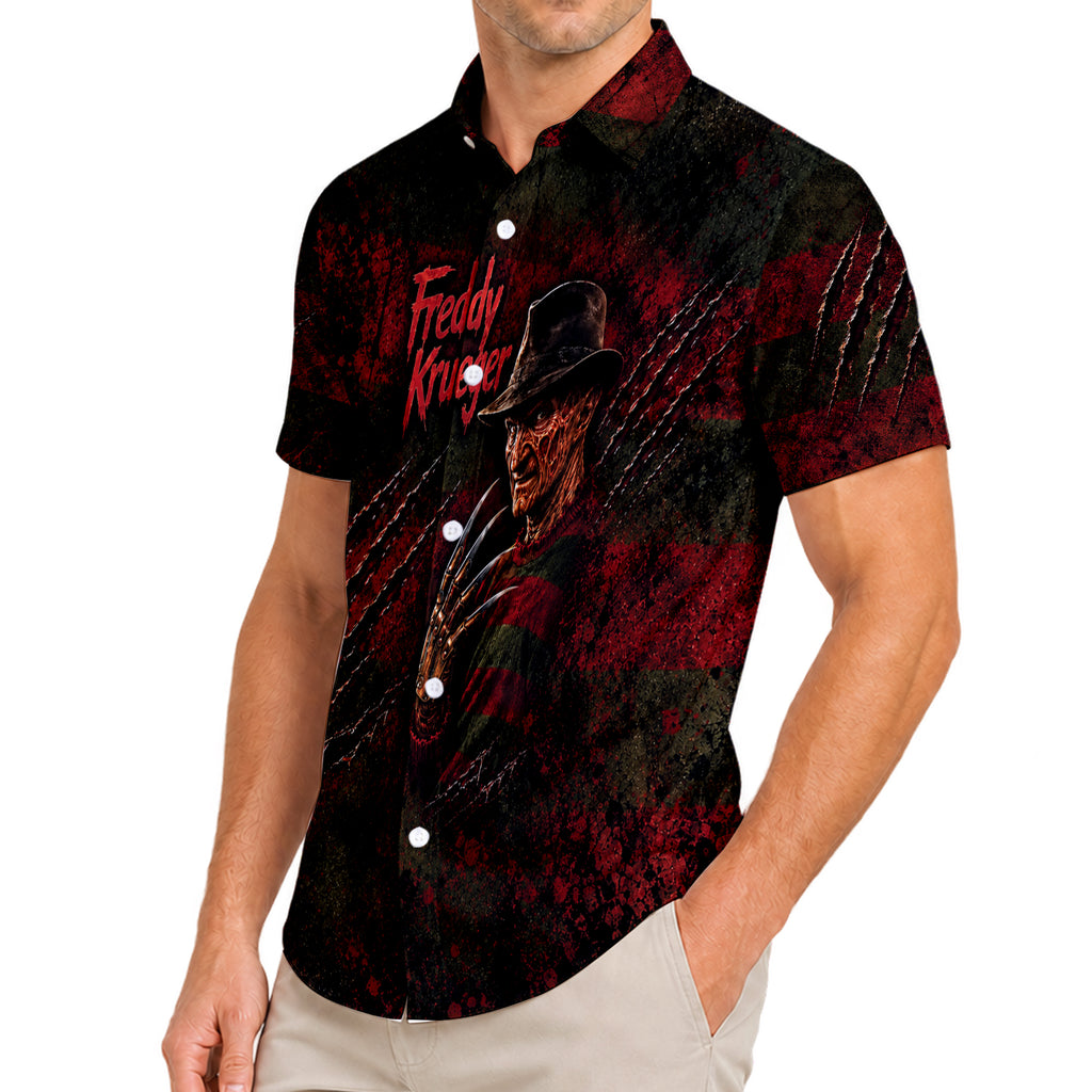 Black Freddy Krueger Horror Short Sleeve Button-Up Shirt