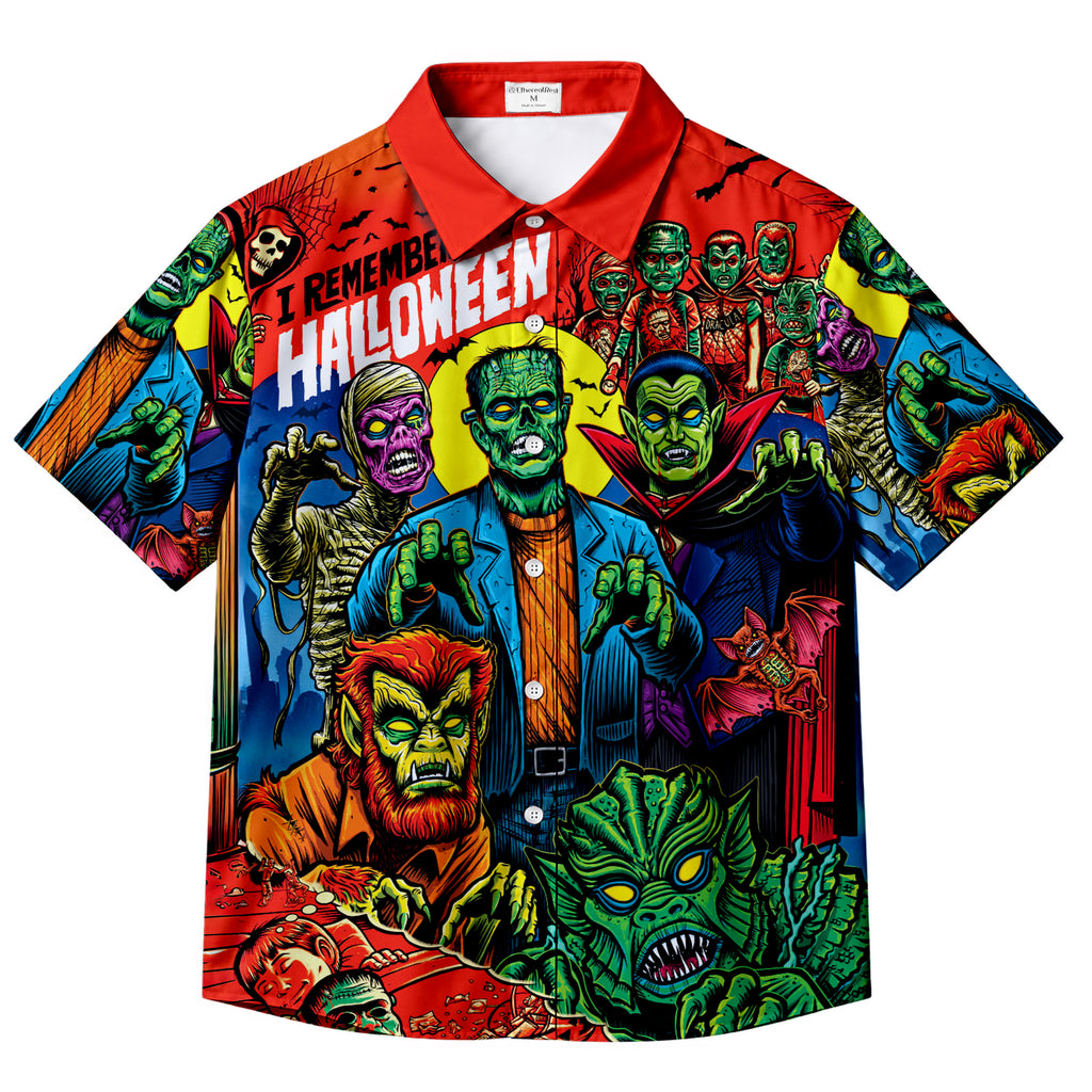 Red Classic Horror Monsters Halloween Short Sleeve Button-Up Shirt