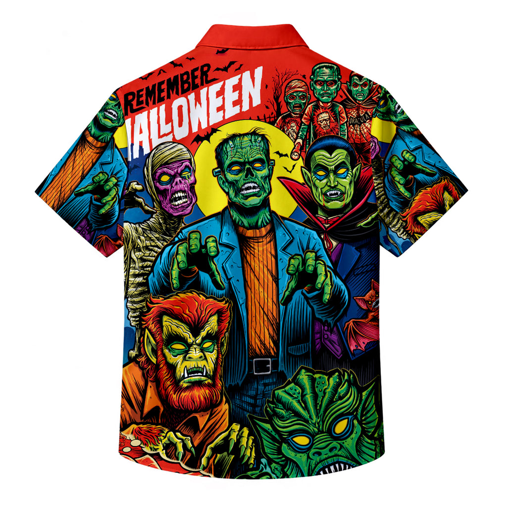 Red Classic Horror Monsters Halloween Short Sleeve Button-Up Shirt
