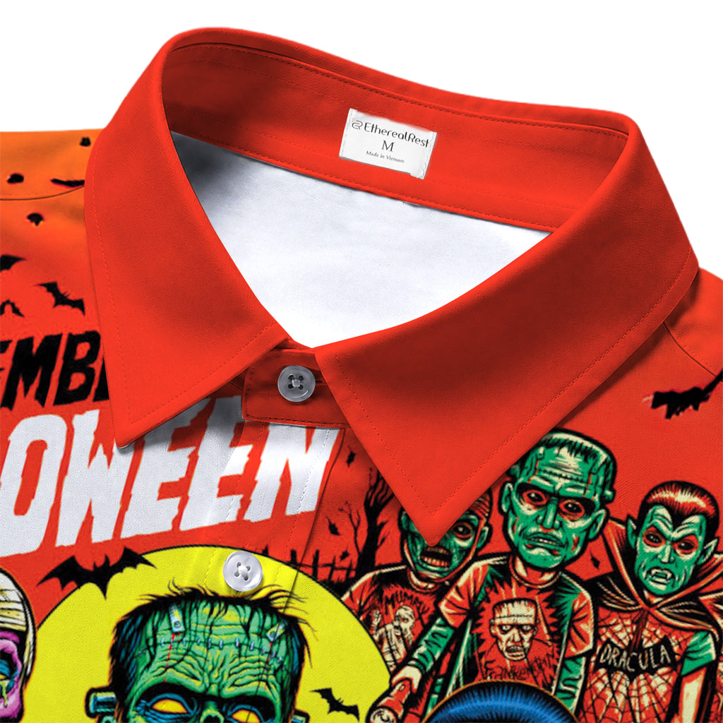 Red Classic Horror Monsters Halloween Short Sleeve Button-Up Shirt