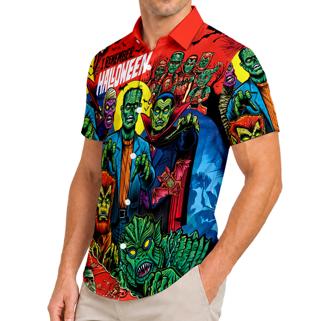 Red Classic Horror Monsters Halloween Short Sleeve Button-Up Shirt