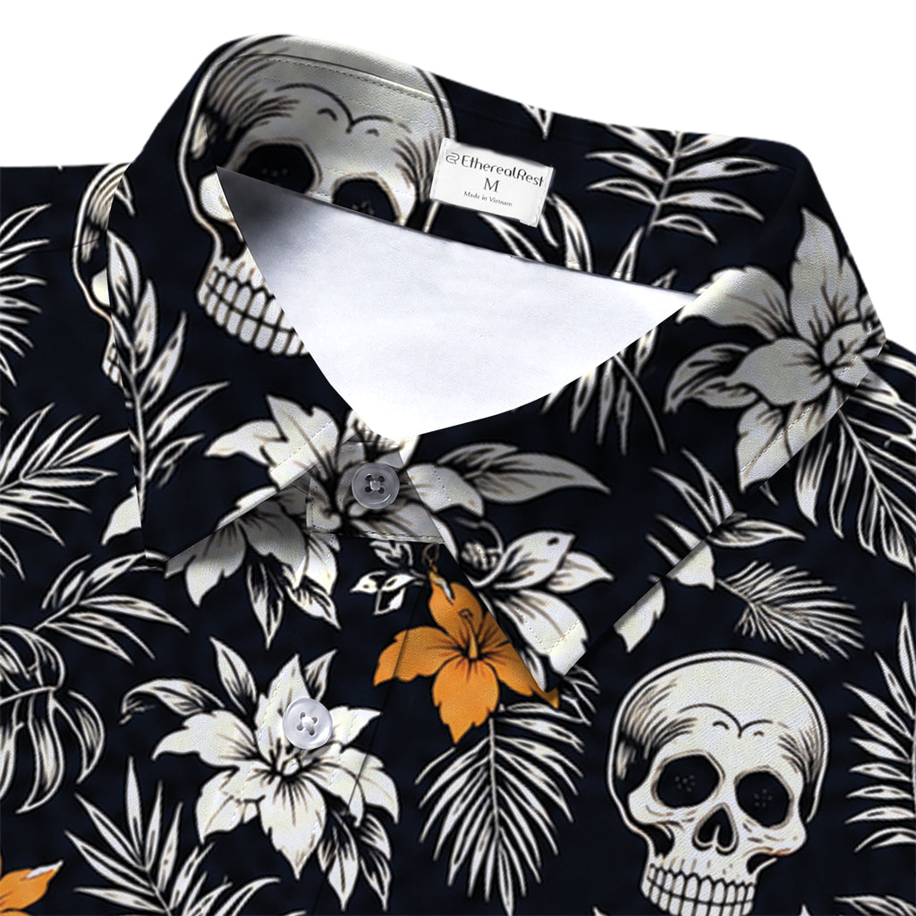 Black Skull Tropical Floral Short Sleeve Button-Up Shirt