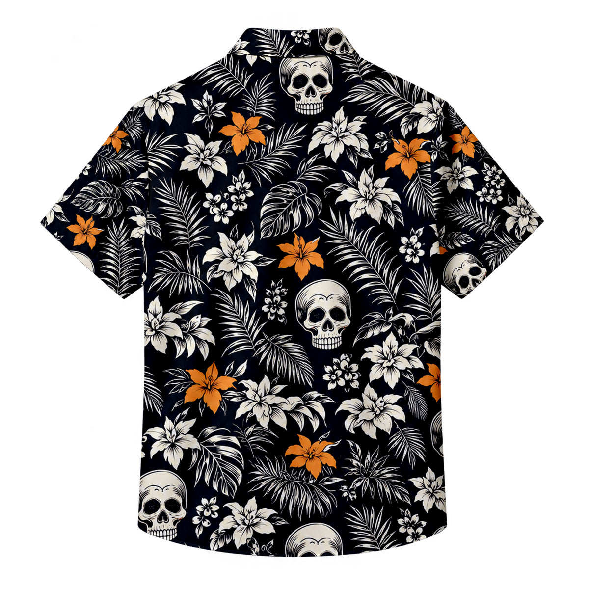 Black Skull Tropical Floral Short Sleeve Button-Up Shirt