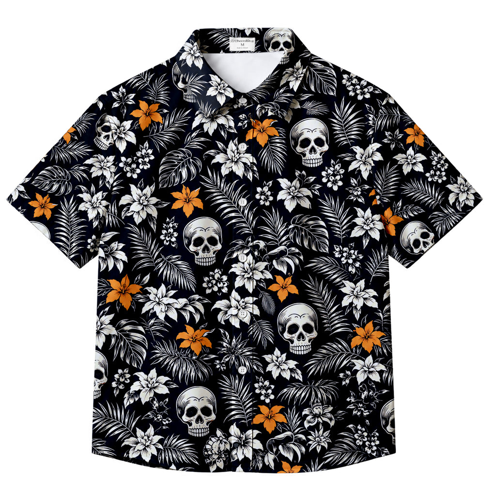 Black Skull Tropical Floral Short Sleeve Button-Up Shirt
