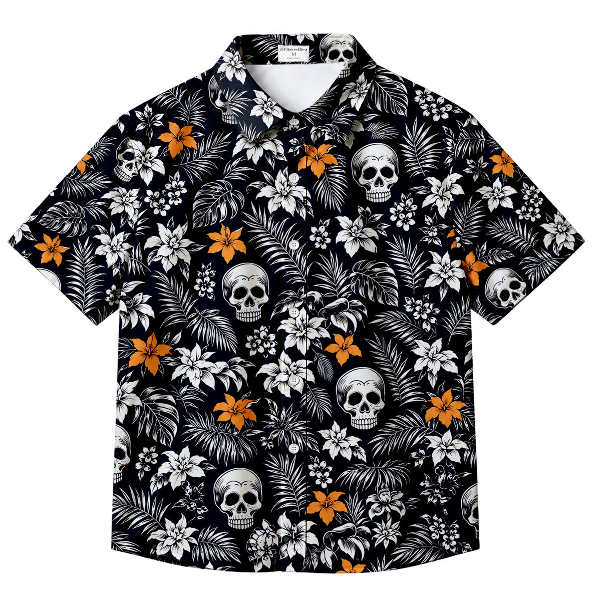 Black Skull Tropical Floral Short Sleeve Button-Up Shirt