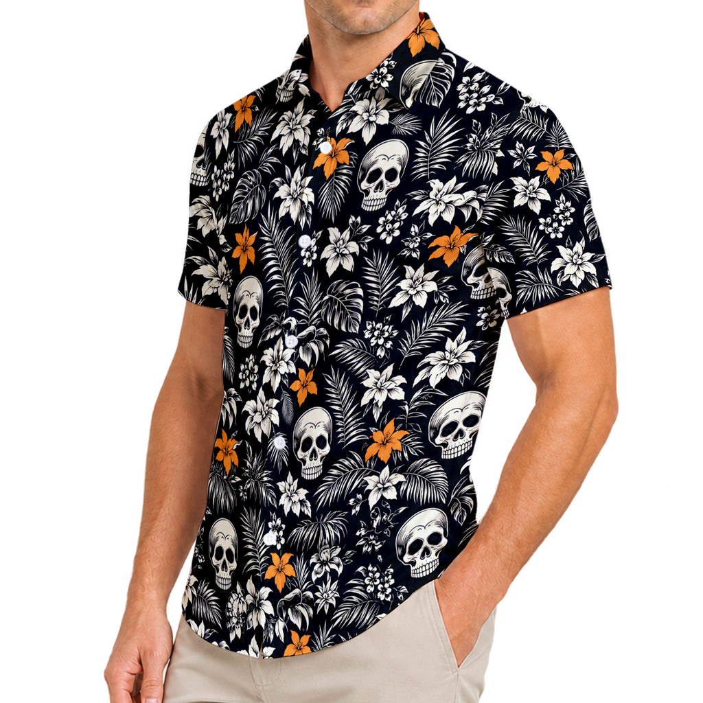Black Skull Tropical Floral Short Sleeve Button-Up Shirt