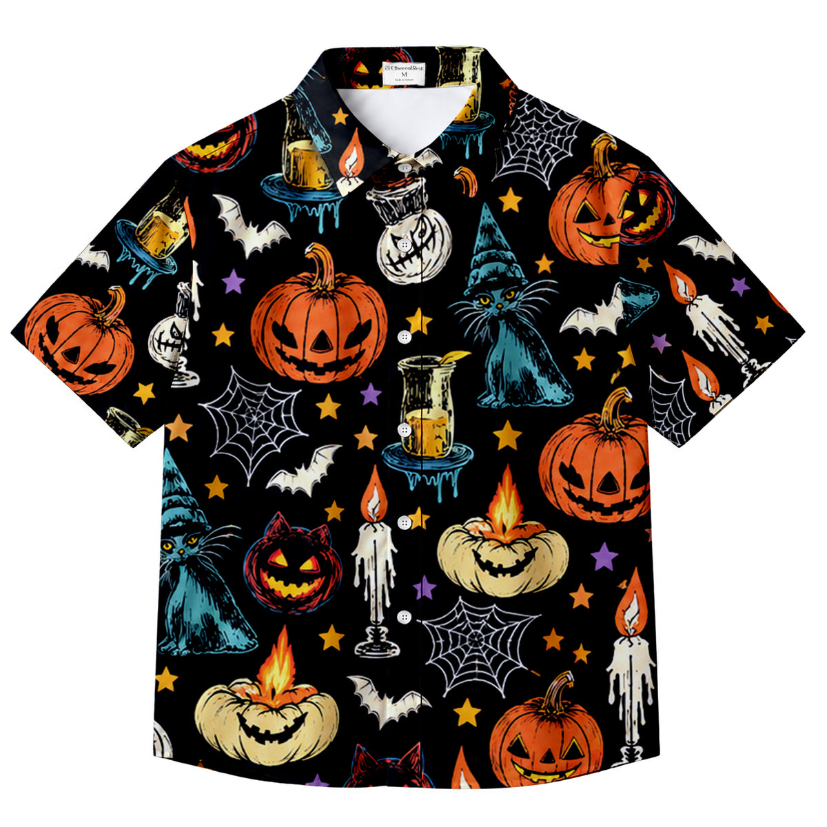 Black Witch Cat Pumpkin Halloween Short Sleeve Button-Up Shirt