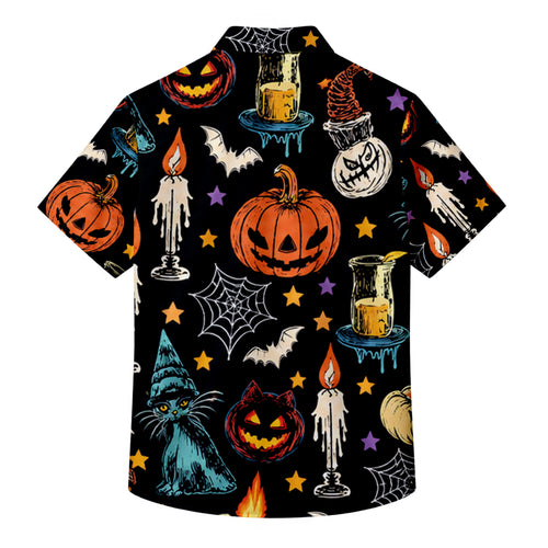 Black Witch Cat Pumpkin Halloween Short Sleeve Button-Up Shirt