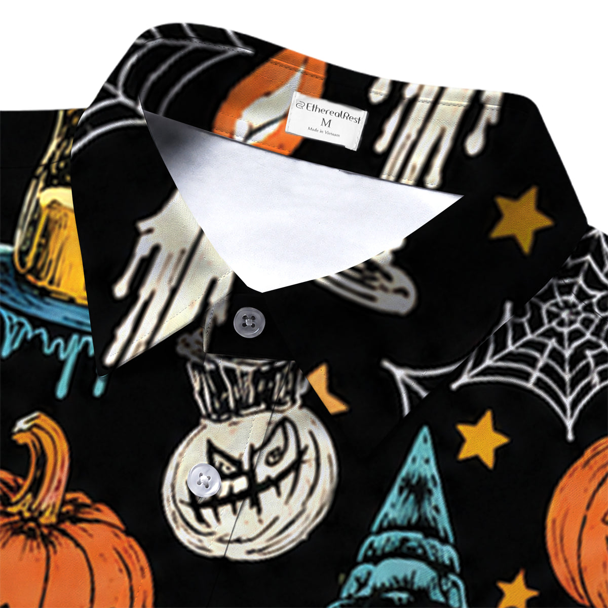 Black Witch Cat Pumpkin Halloween Short Sleeve Button-Up Shirt
