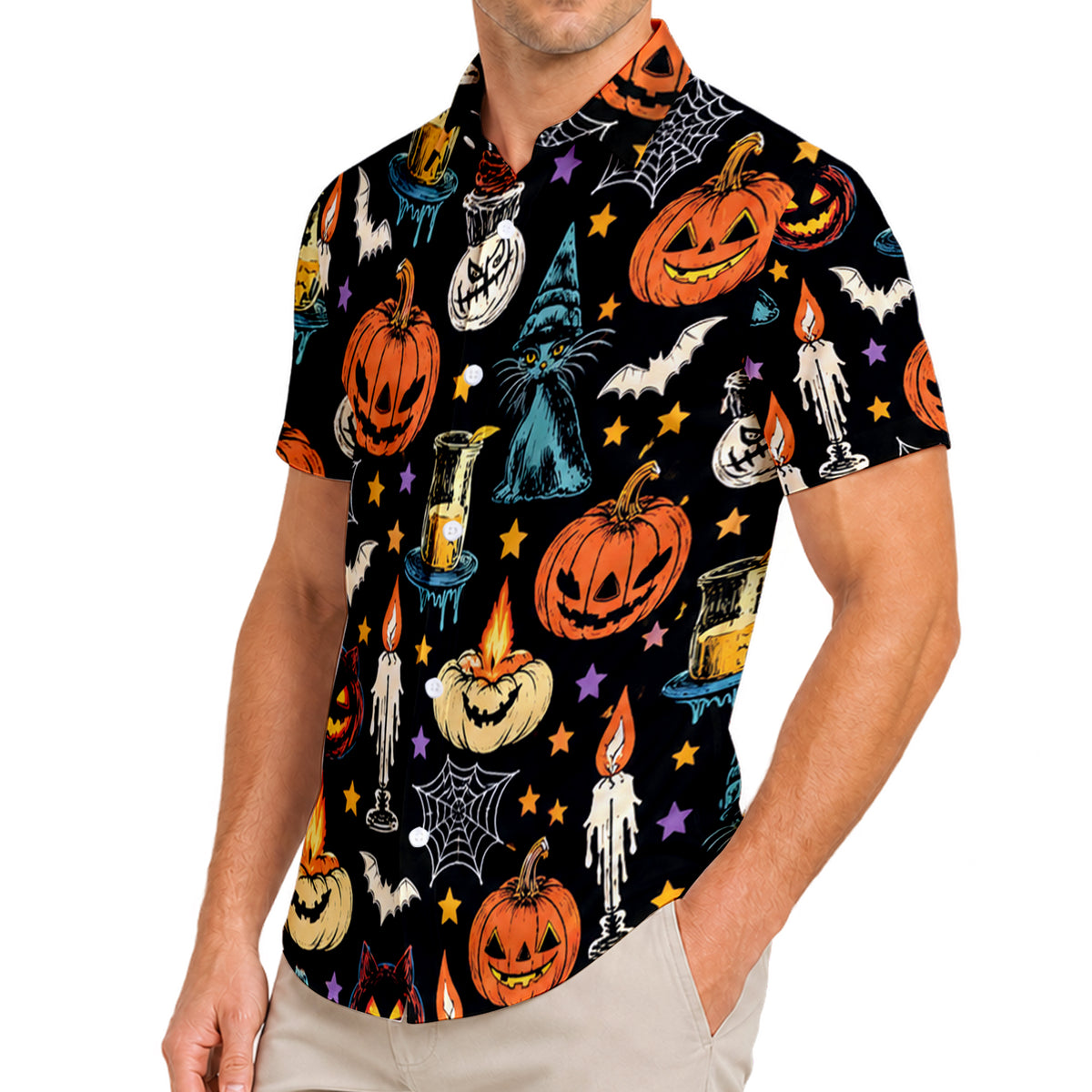Black Witch Cat Pumpkin Halloween Short Sleeve Button-Up Shirt