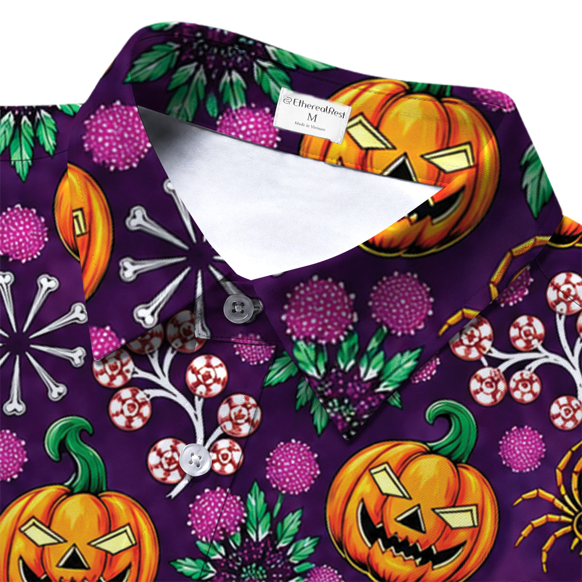 Purple Halloween Pumpkin Floral Short Sleeve Button-Up Shirt
