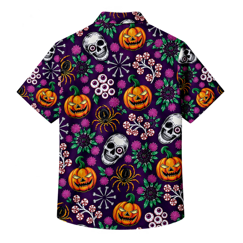 Purple Halloween Pumpkin Floral Short Sleeve Button-Up Shirt