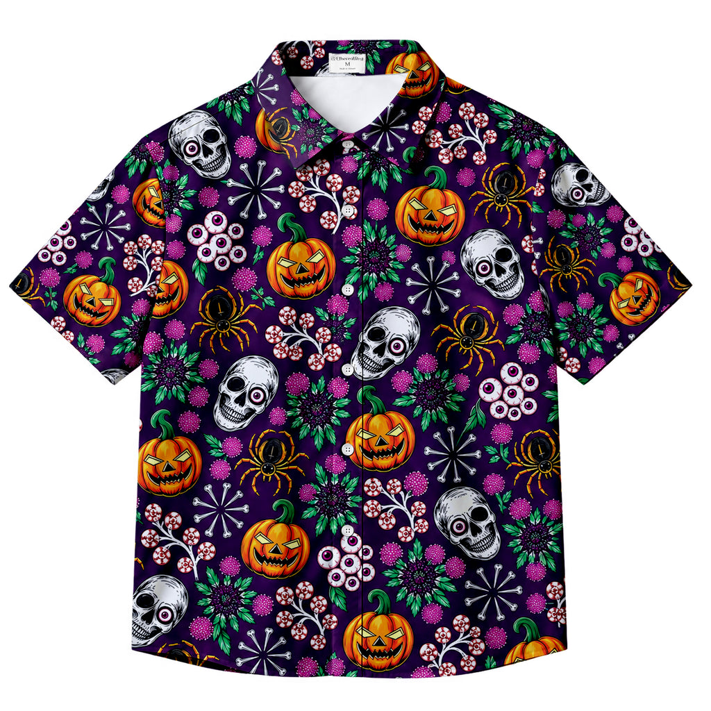 Purple Halloween Pumpkin Floral Short Sleeve Button-Up Shirt