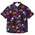 Purple Halloween Pumpkin Floral Short Sleeve Button-Up Shirt