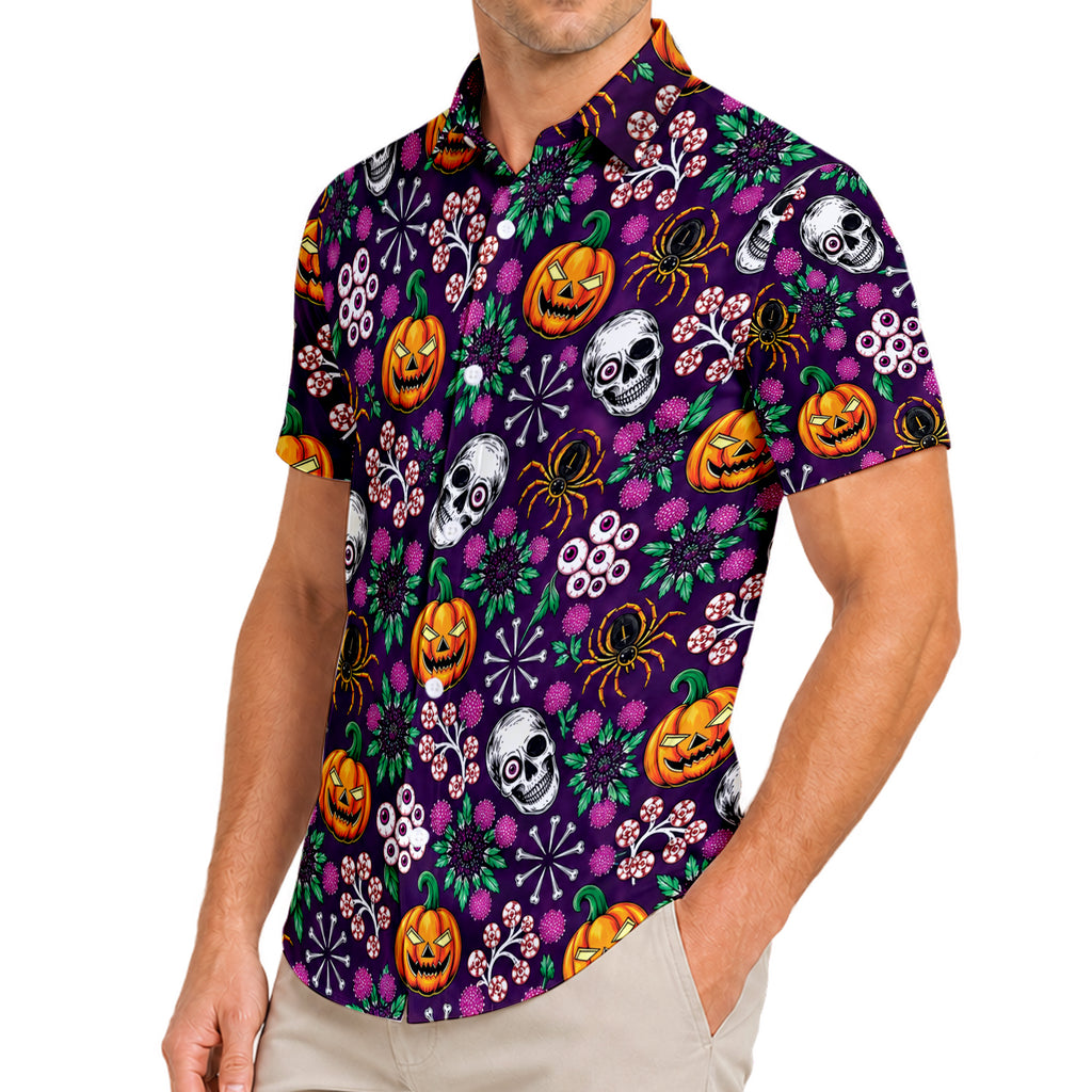 Purple Halloween Pumpkin Floral Short Sleeve Button-Up Shirt