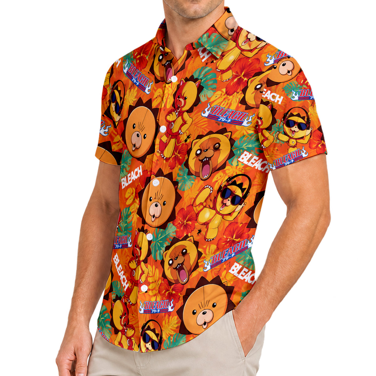 Orange Bleach Kon Tropical Floral Short Sleeve Button-Up Shirt