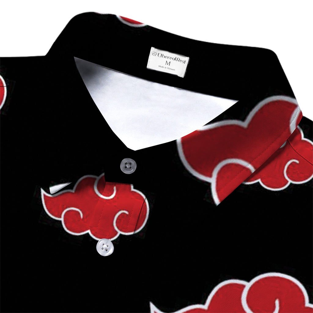Black Red Cloud Pattern Short Sleeve Button-Up Shirt