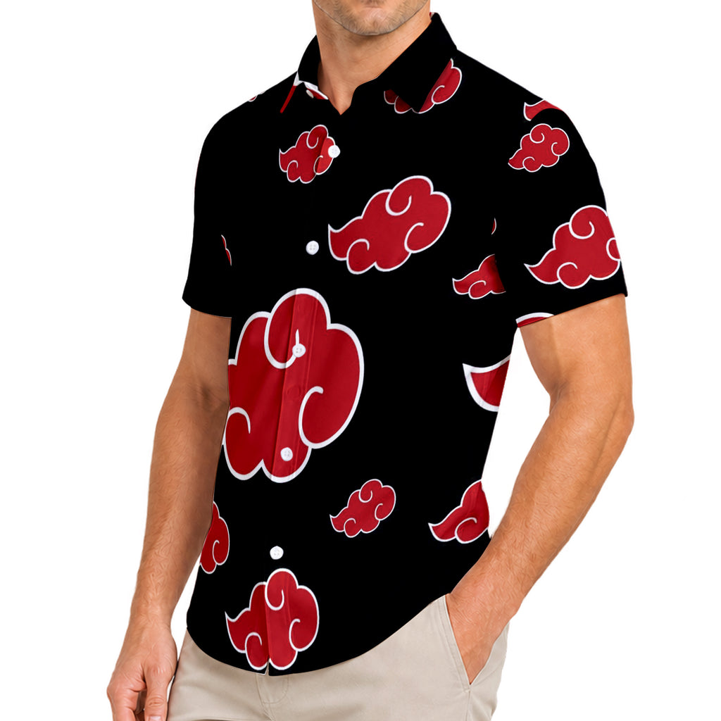 Black Red Cloud Pattern Short Sleeve Button-Up Shirt