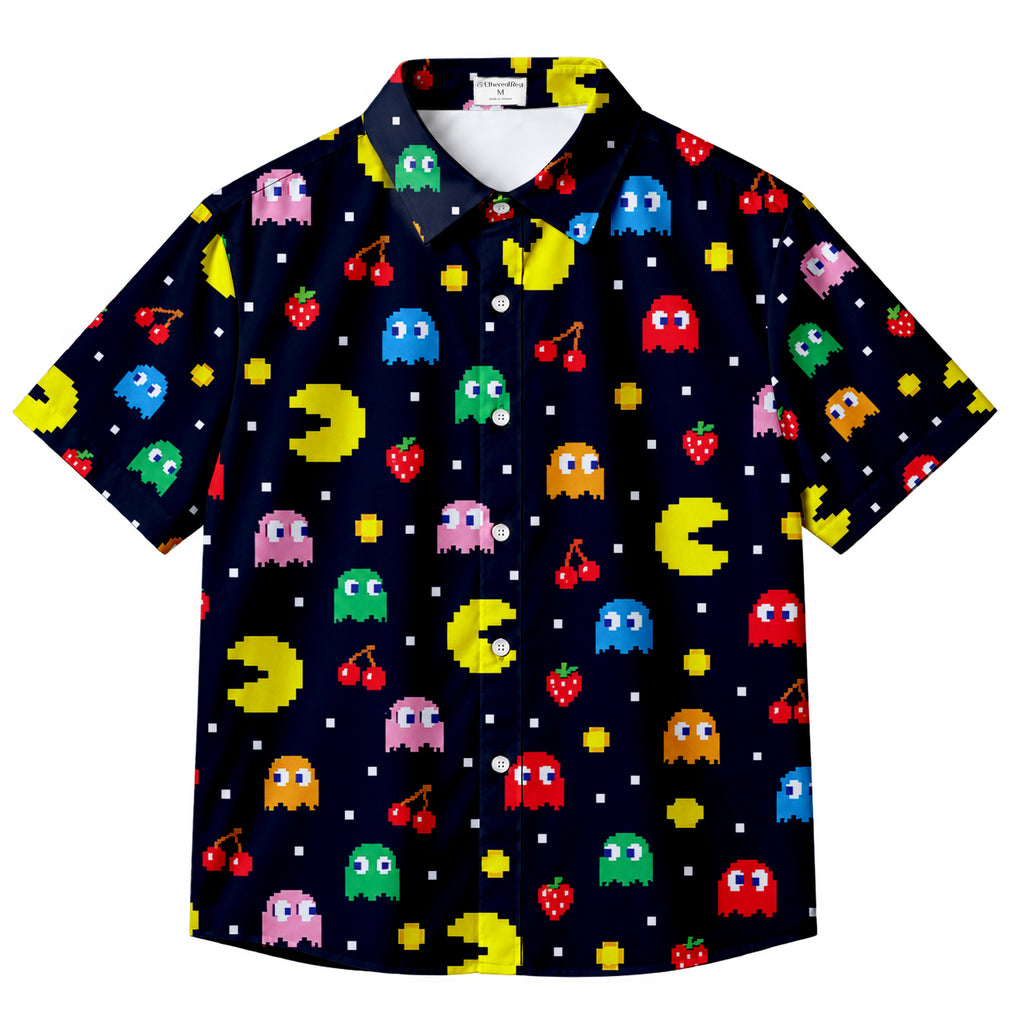 Black Pac-Man Arcade Game Short Sleeve Button-Up Shirt