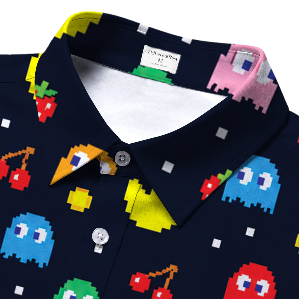 Black Pac-Man Arcade Game Short Sleeve Button-Up Shirt