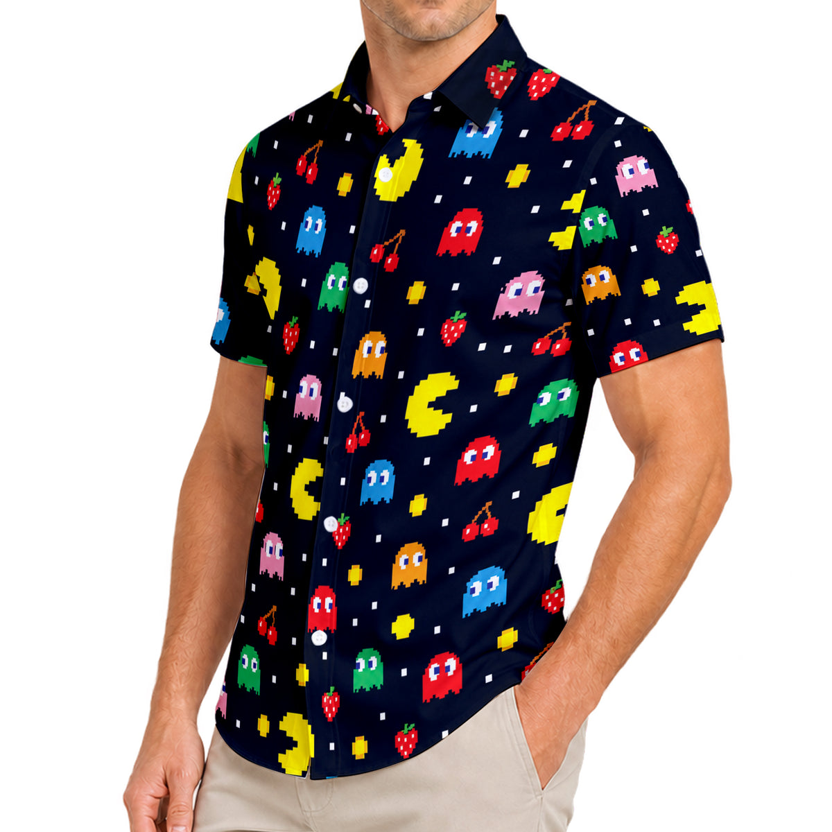 Black Pac-Man Arcade Game Short Sleeve Button-Up Shirt
