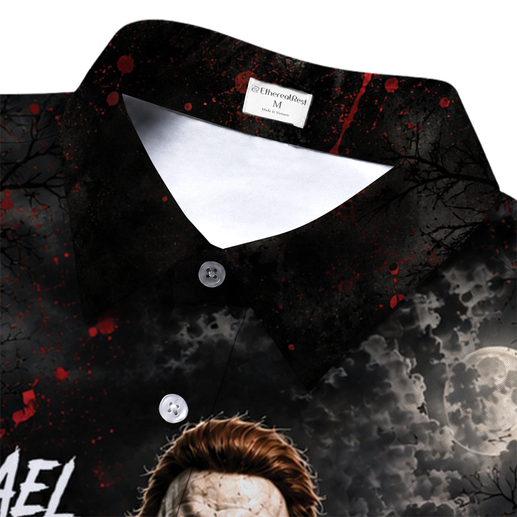 Black Michael Myers Pumpkin Halloween Short Sleeve Button-Up Shirt