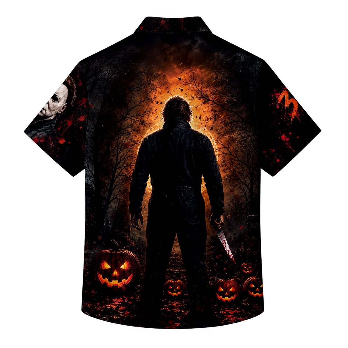 Black Michael Myers Pumpkin Halloween Short Sleeve Button-Up Shirt
