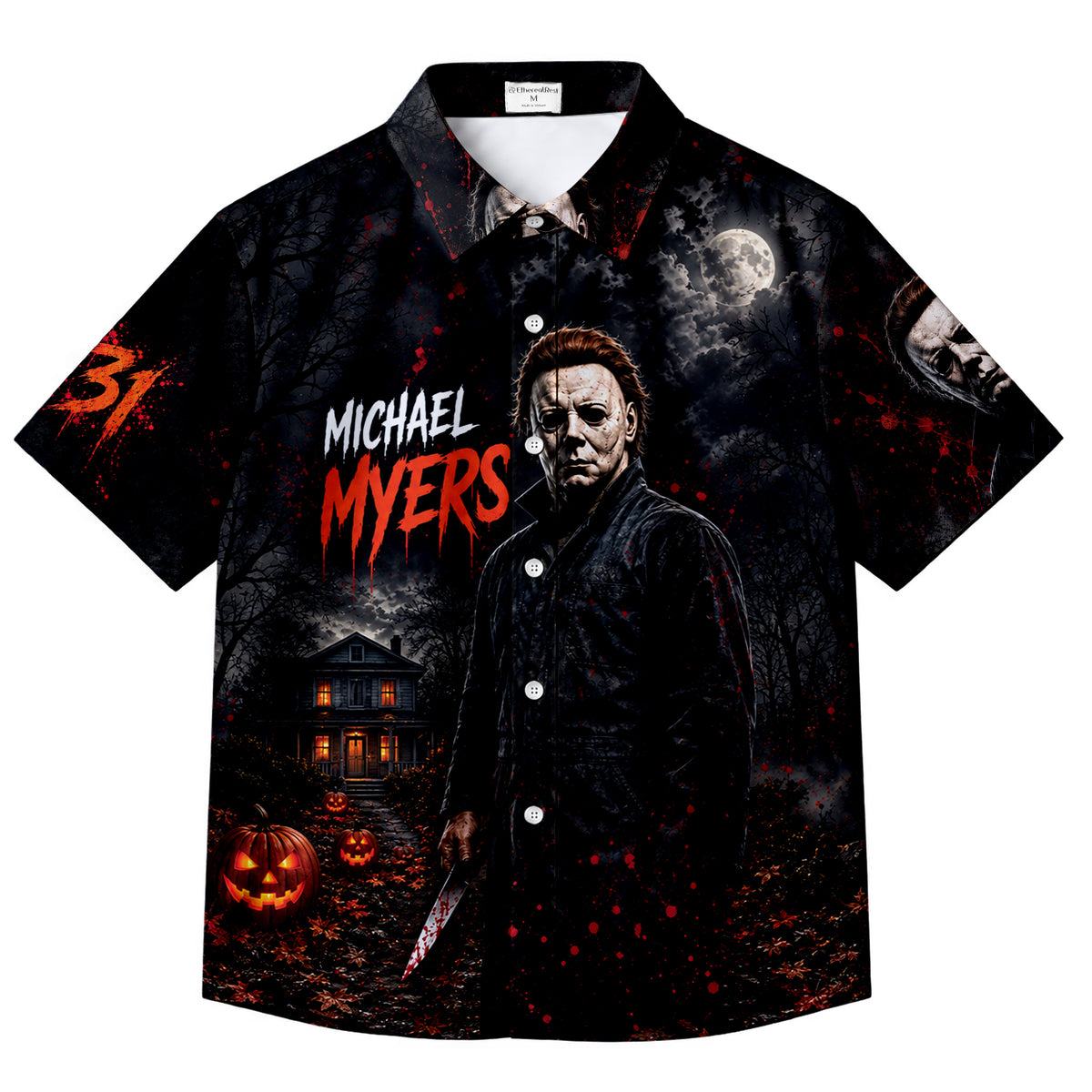 Black Michael Myers Pumpkin Halloween Short Sleeve Button-Up Shirt