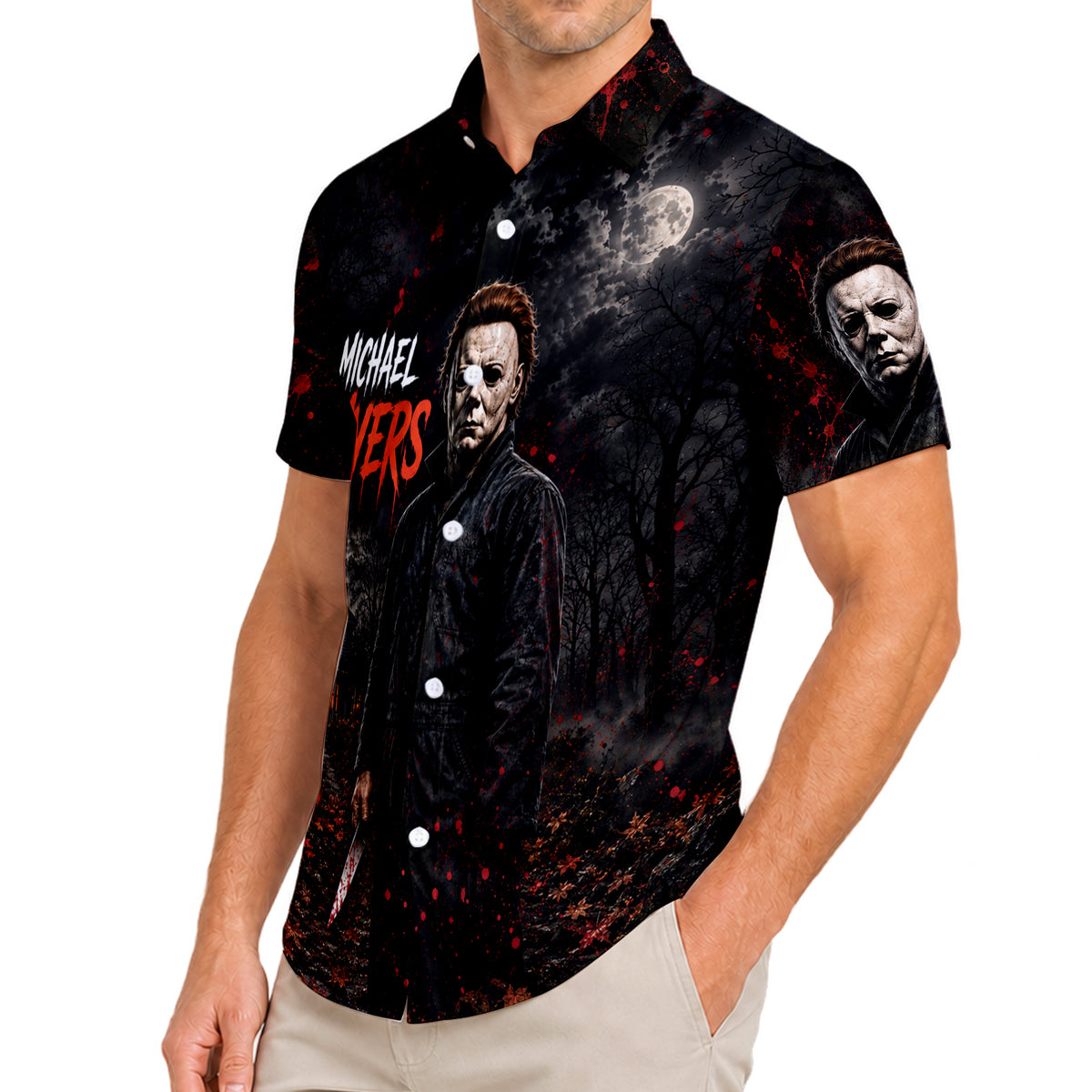 Black Michael Myers Pumpkin Halloween Short Sleeve Button-Up Shirt