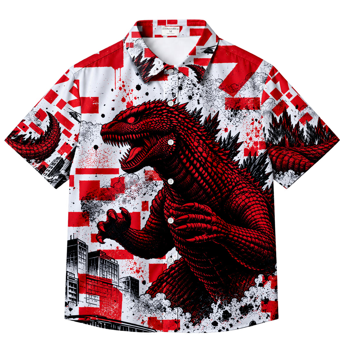 Men’s Red White Godzilla Graphic Short Sleeve Button-Up Shirt