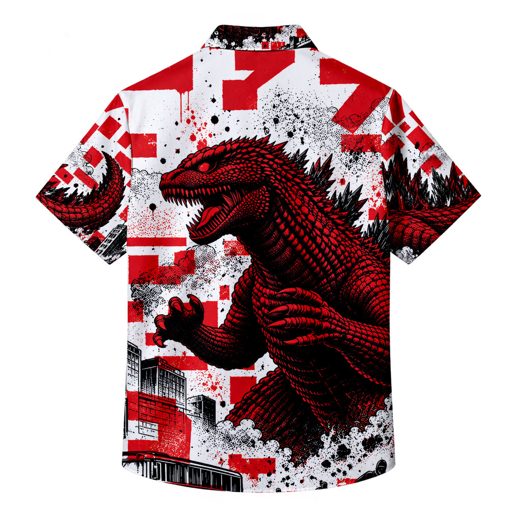 Men’s Red White Godzilla Graphic Short Sleeve Button-Up Shirt
