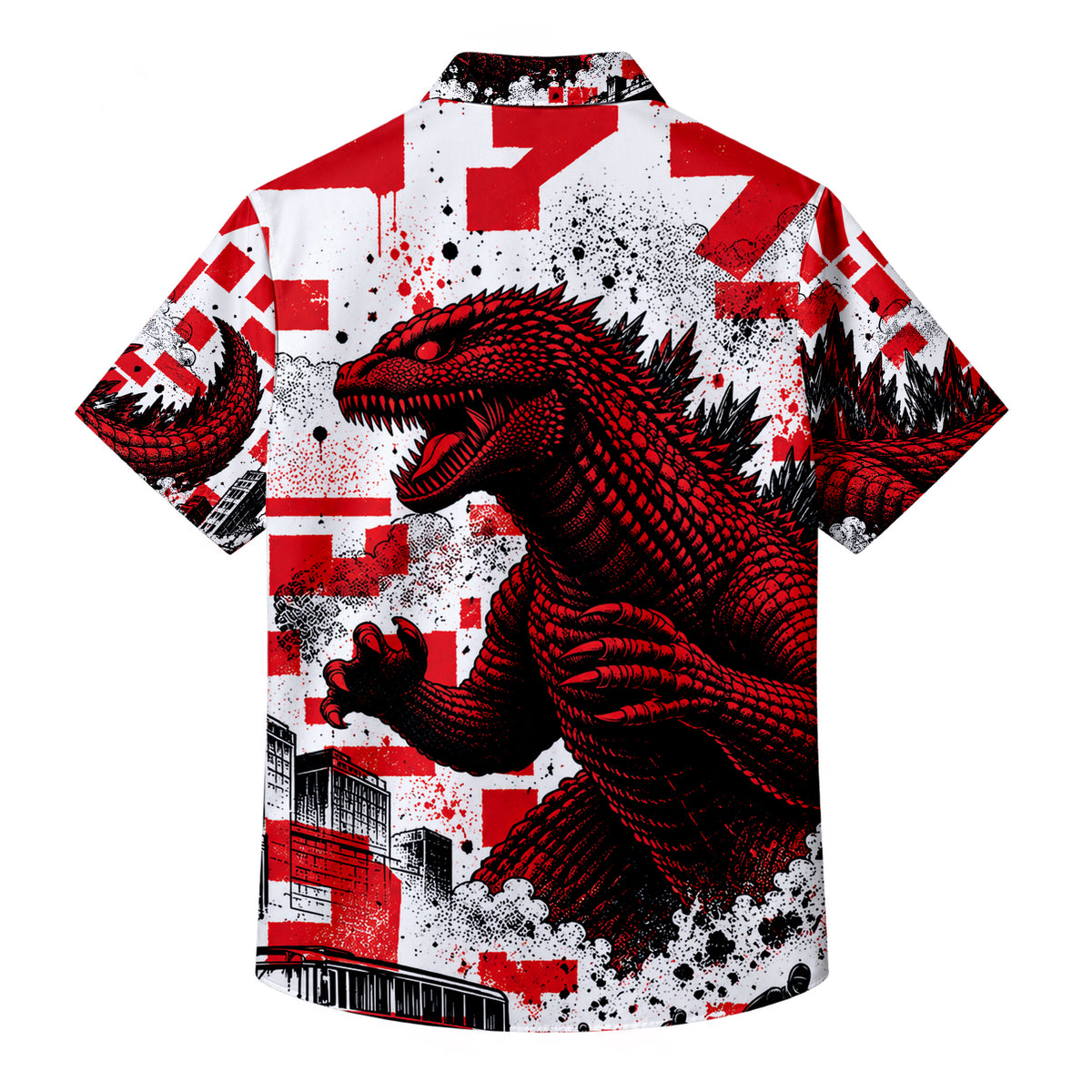 Men’s Red White Godzilla Graphic Short Sleeve Button-Up Shirt
