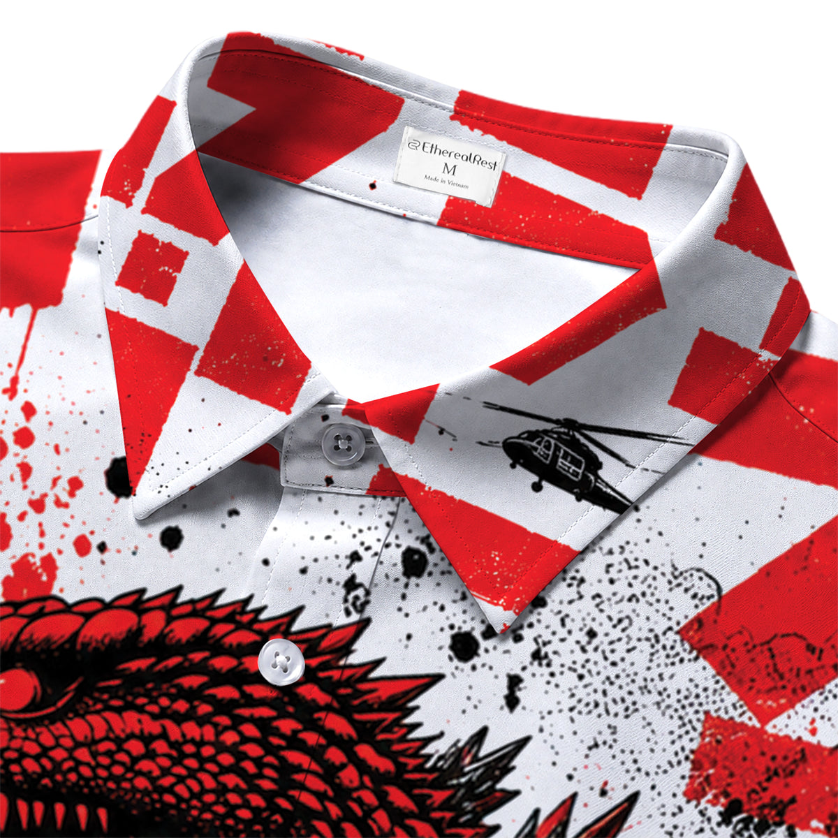 Men’s Red White Godzilla Graphic Short Sleeve Button-Up Shirt