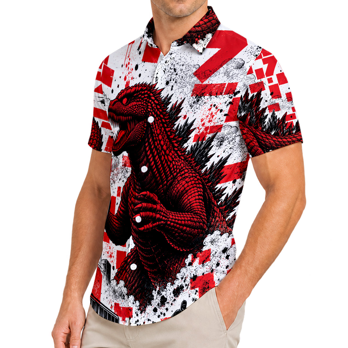 Men’s Red White Godzilla Graphic Short Sleeve Button-Up Shirt