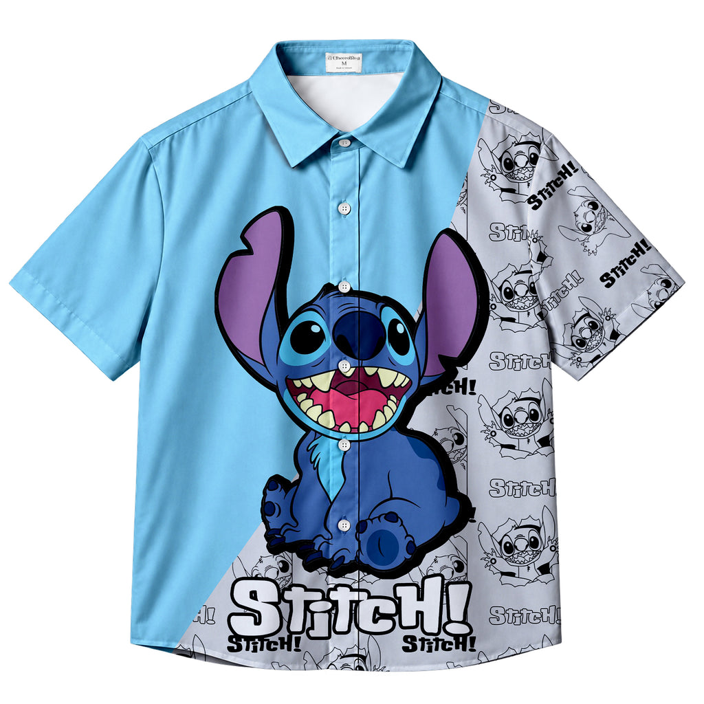 Blue Stitch Character Graphic Short Sleeve Button-Up Shirt