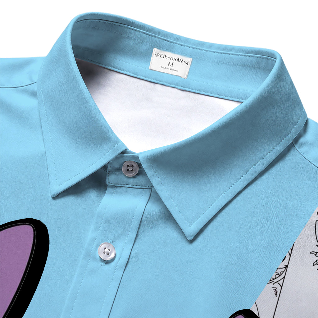 Blue Stitch Character Graphic Short Sleeve Button-Up Shirt