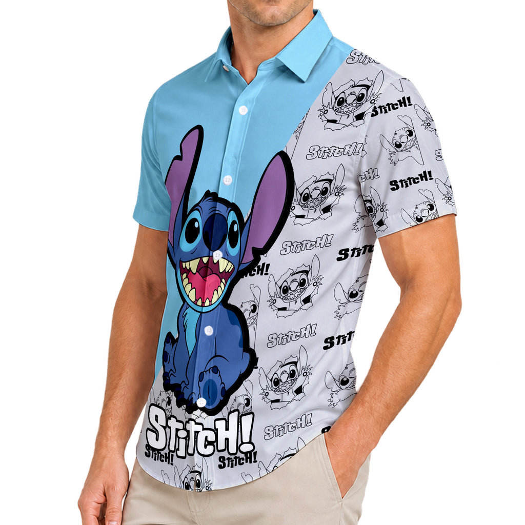 Blue Stitch Character Graphic Short Sleeve Button-Up Shirt
