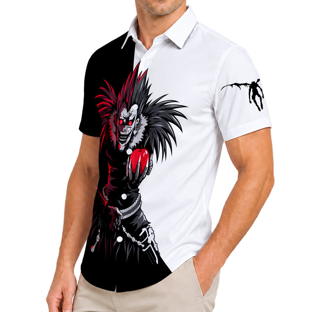 Black White Death Note Ryuk Apple Short Sleeve Button-Up Shirt