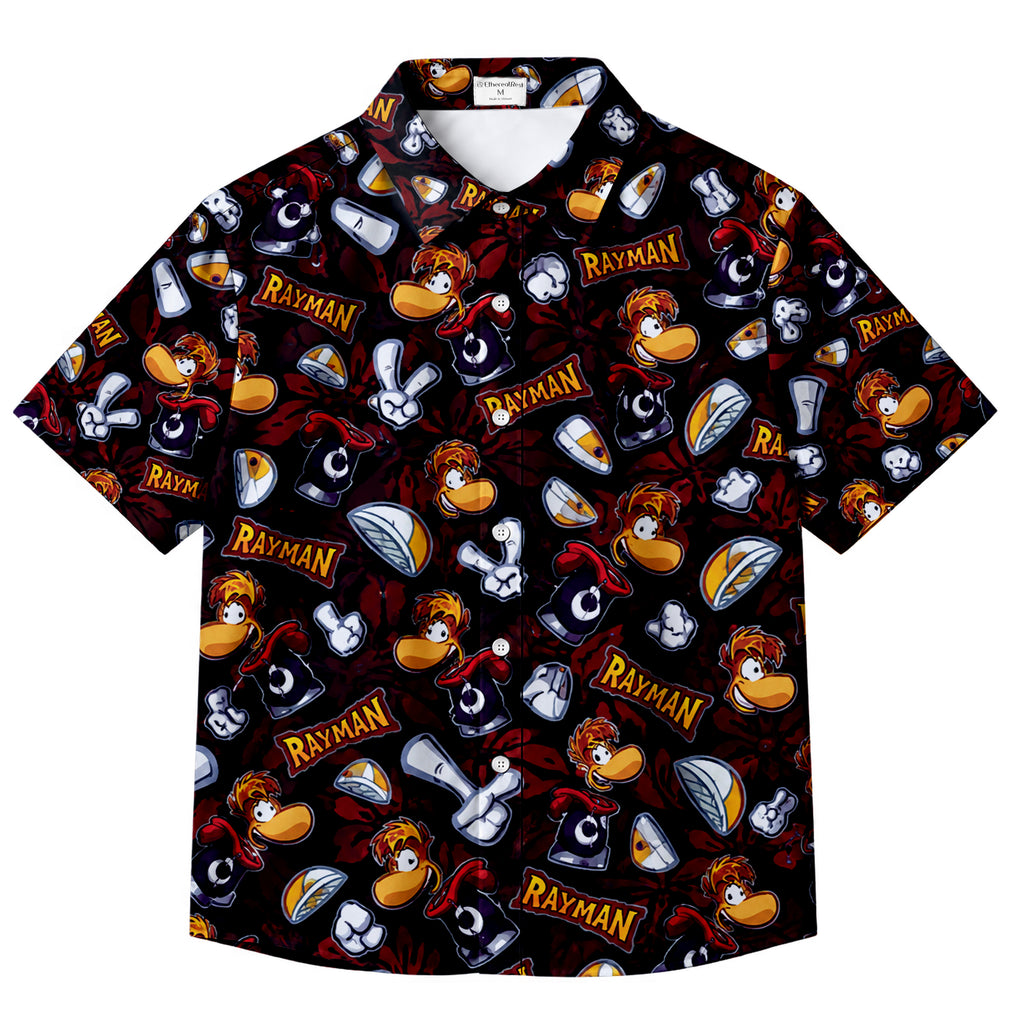 Black Rayman Character Pattern Short Sleeve Button-Up Shirt