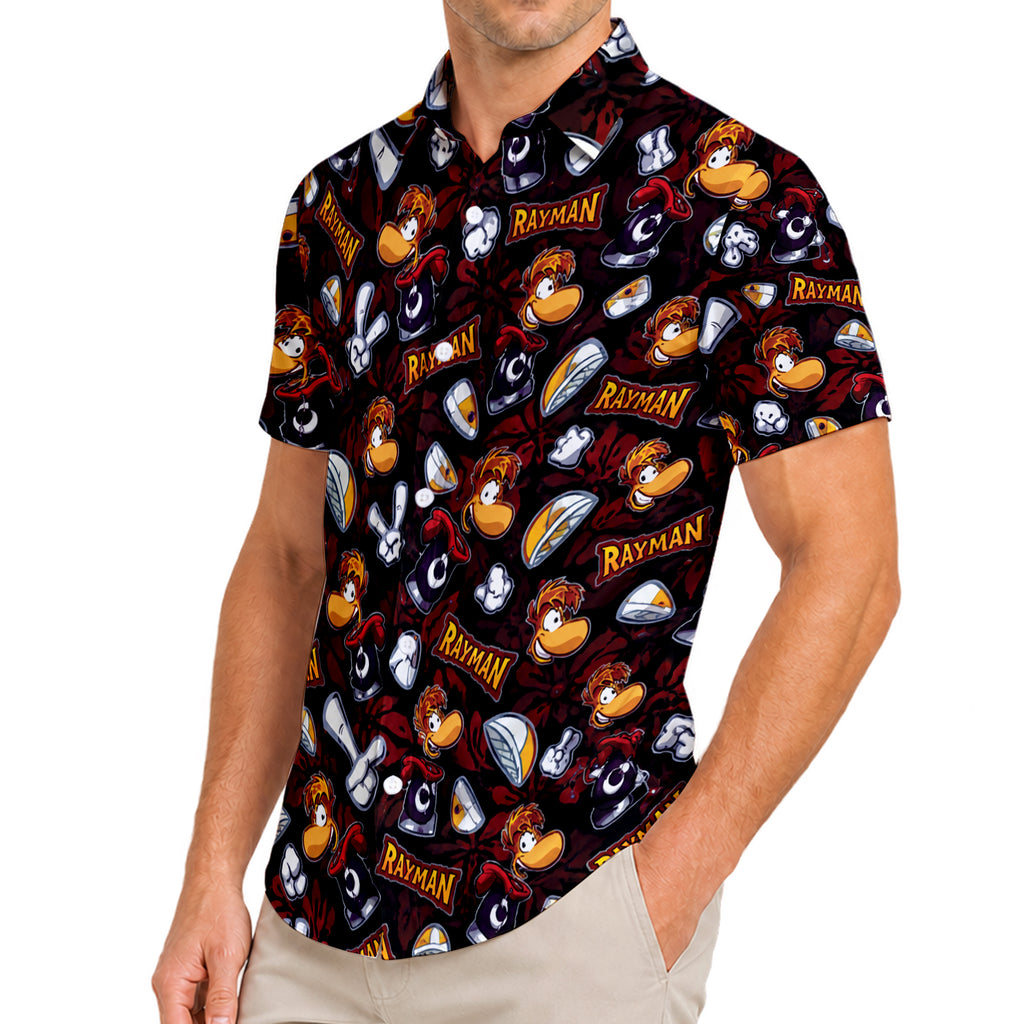 Black Rayman Character Pattern Short Sleeve Button-Up Shirt