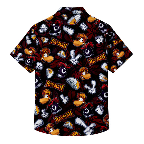 Black Rayman Character Pattern Short Sleeve Button-Up Shirt