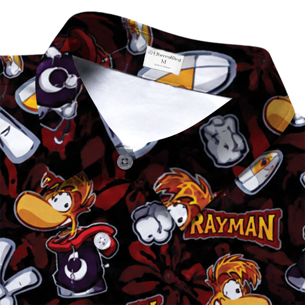 Black Rayman Character Pattern Short Sleeve Button-Up Shirt