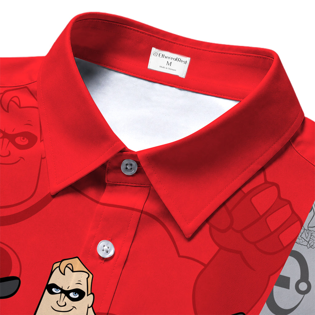 Red The Incredibles Family Short Sleeve Button-Up Shirt