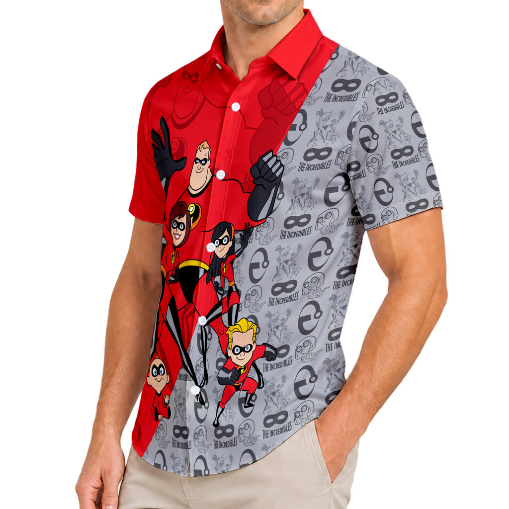 Red The Incredibles Family Short Sleeve Button-Up Shirt