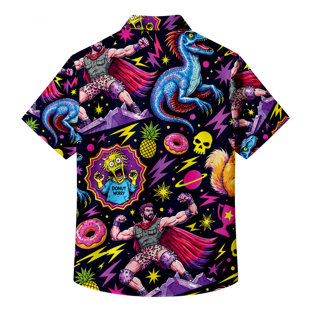 Black Neon Retro 80s Pop Art Short Sleeve Button-Up Shirt