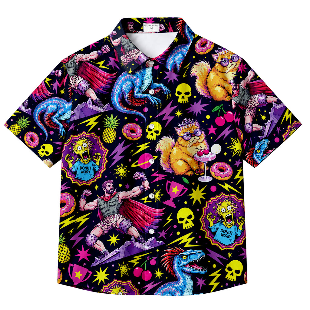 Black Neon Retro 80s Pop Art Short Sleeve Button-Up Shirt