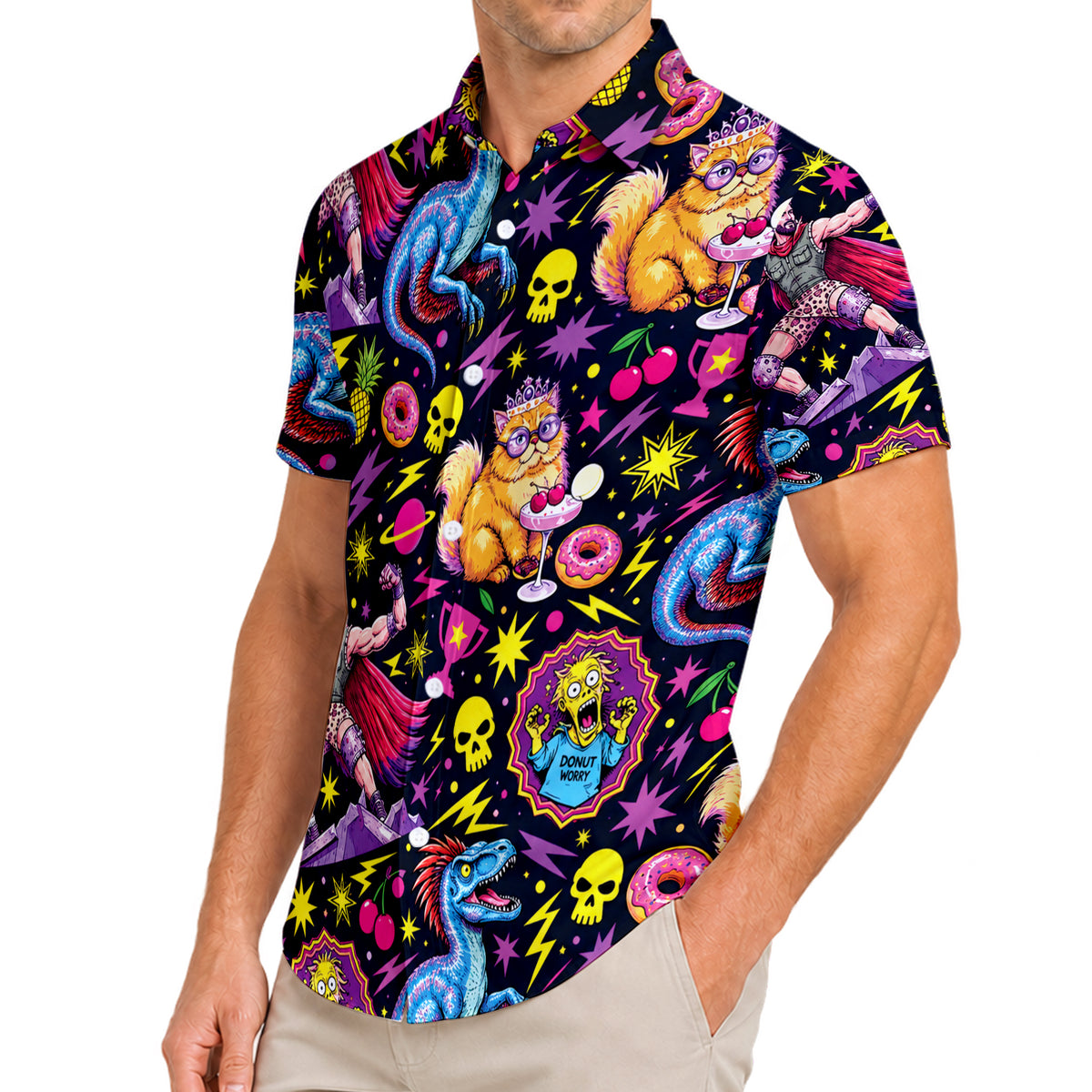 Black Neon Retro 80s Pop Art Short Sleeve Button-Up Shirt