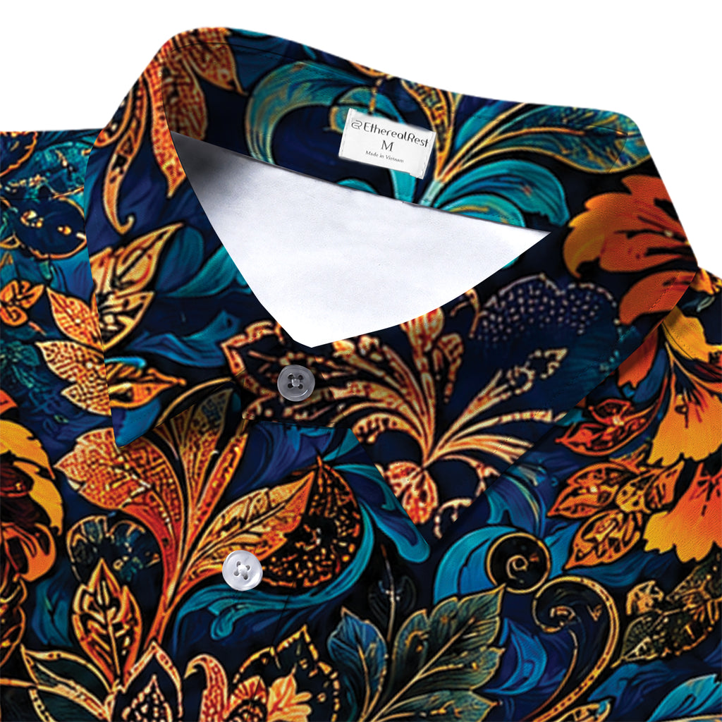Navy Baroque Floral Short Sleeve Button-Up Shirt