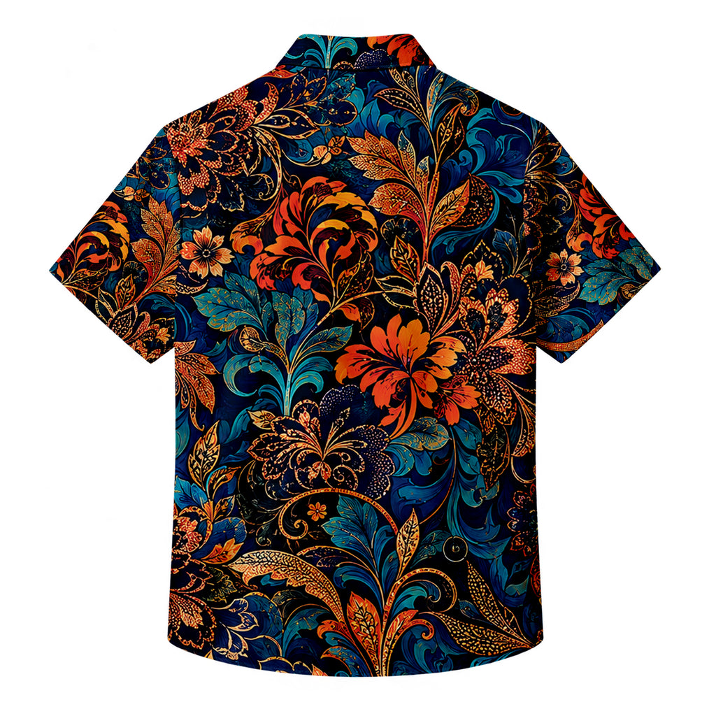 Navy Baroque Floral Short Sleeve Button-Up Shirt