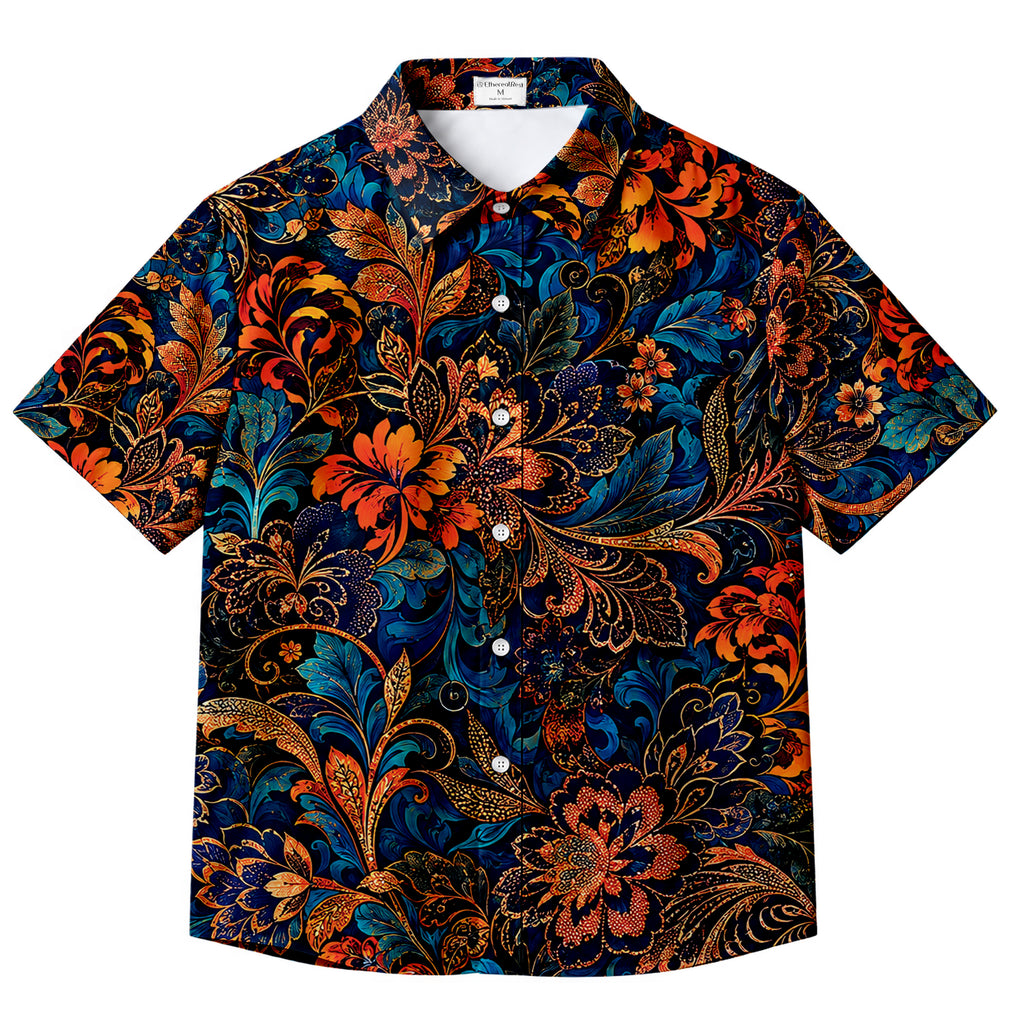 Navy Baroque Floral Short Sleeve Button-Up Shirt